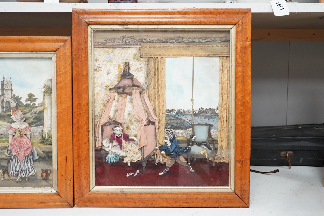Two 18th century and later prints, watercolours and collages, Interior scene with cats and woman before a chapel, largest 35 x 30cm, maple framed